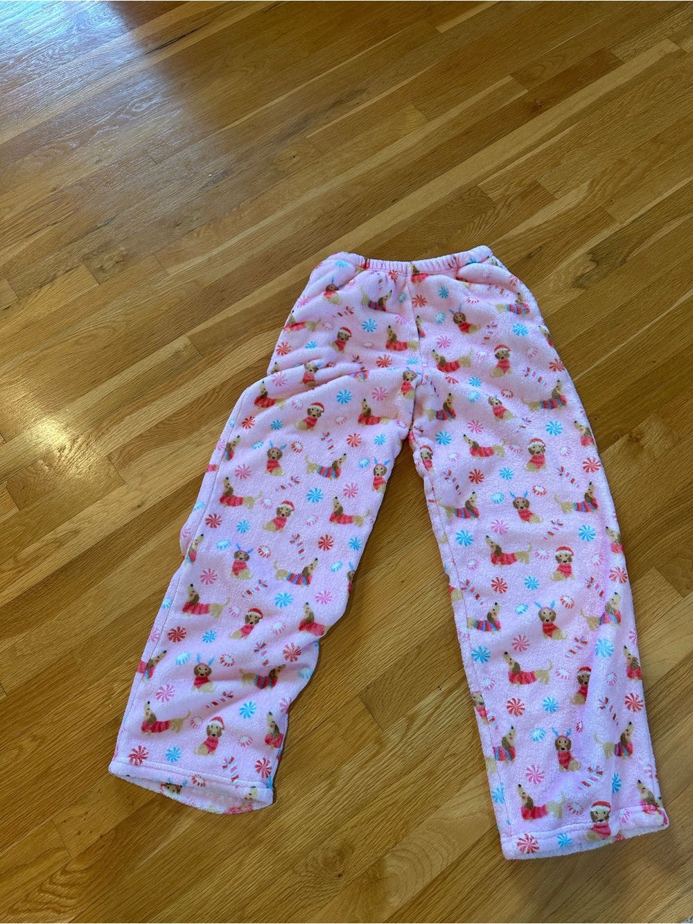 Pink Fleece Pajama Pants with Holiday candy and Puppy Print very thick and soft